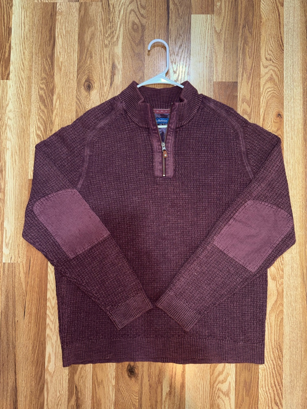 Tommy Bahama Sunbreak Men’s Waffle Knit Half Zip Sweater Burgundy Elbow Patch